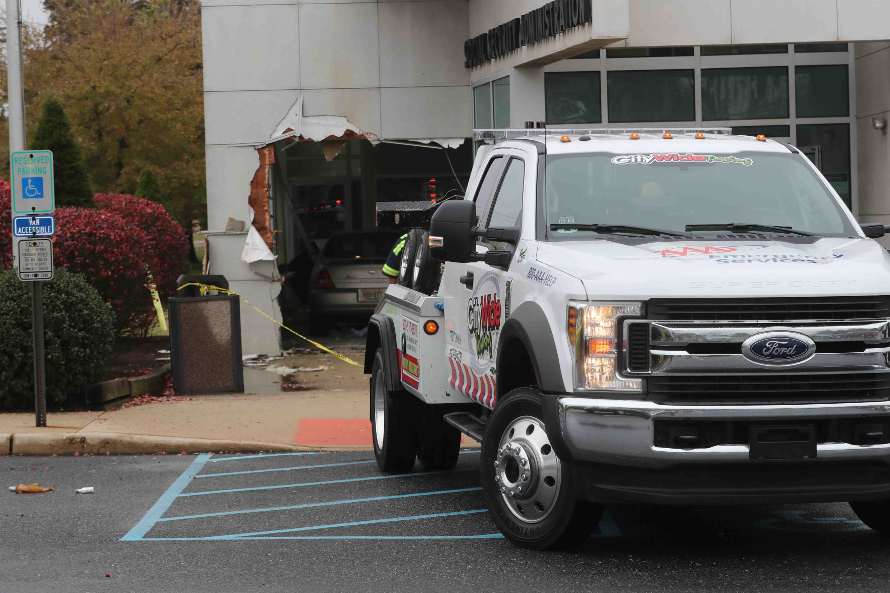 Car crash through Social Security Building